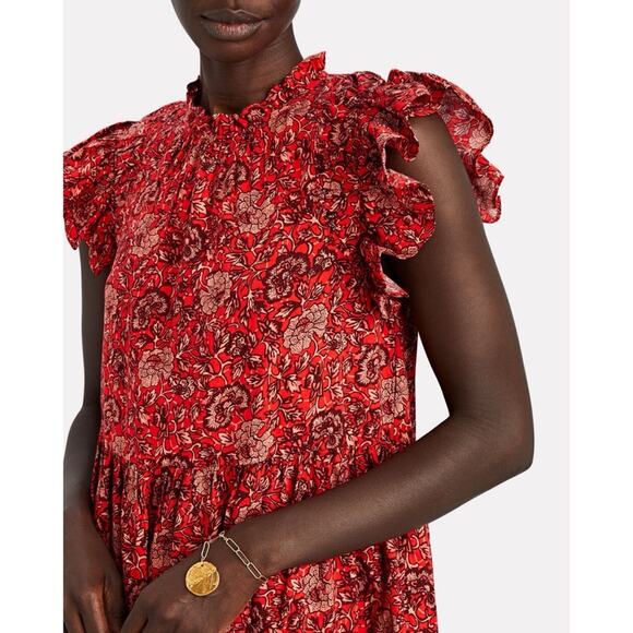 Ulla Johnson Hana Red Floral Mockneck Short Flutter Mini Dress Women’s Size 10 - Picture 10 of 12